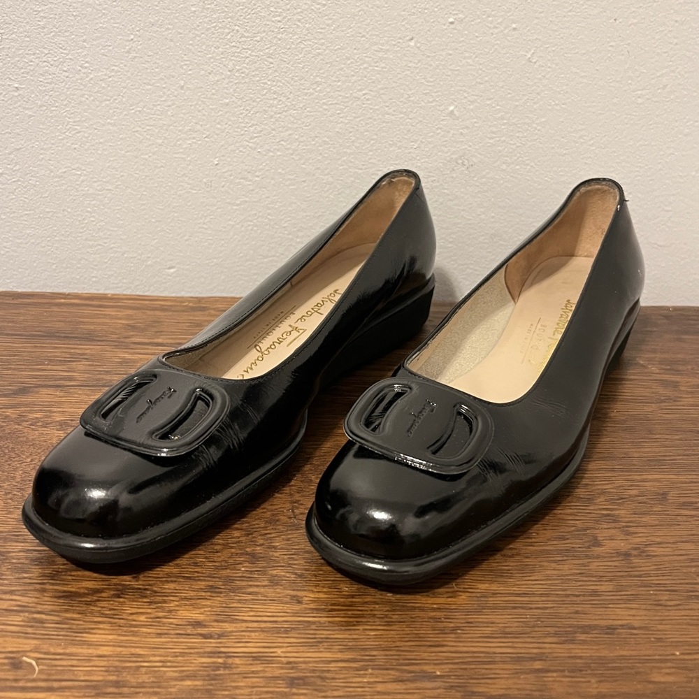black patent ferragammo loafers flats
